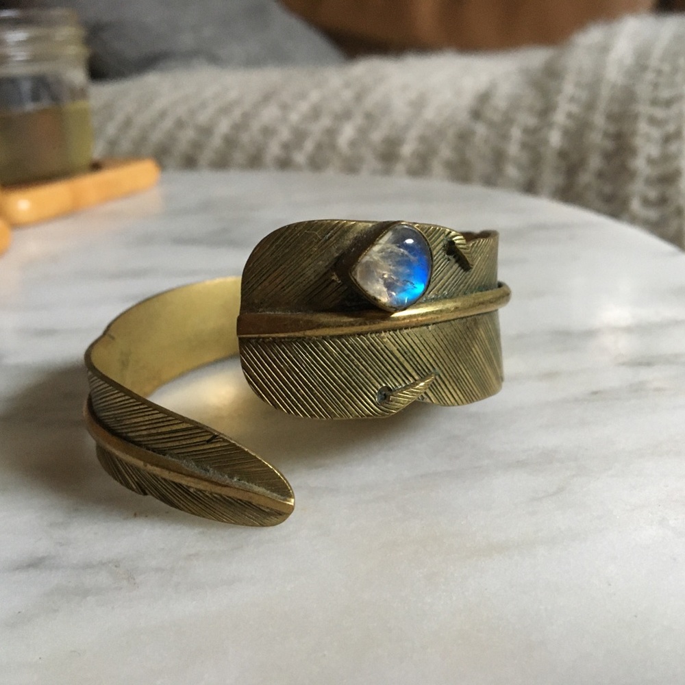 Brass feather bracelet with moonstone